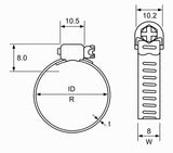 Clamp, Mini Hose Clamp, Stainless Steel Band, Cadmium Plated Steel Bolt, zaa. ⅜ inch (ID)  8 mm (W)  0.5 mm (t); Qty = 10; CLA -M-SCD-M2016-10